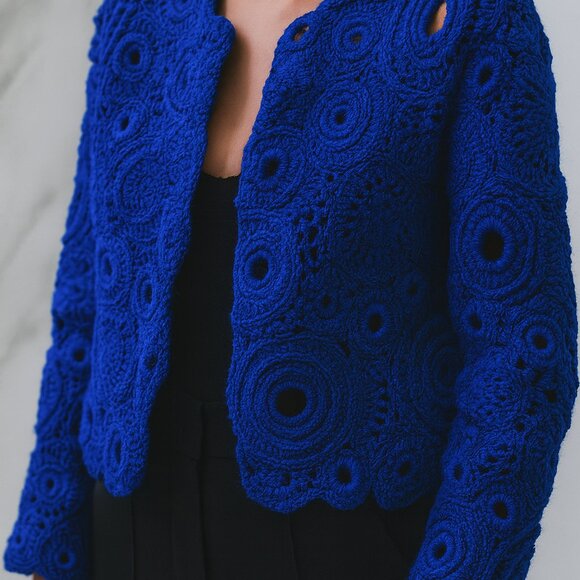 Royal Blue Couture Crochet Jacket – Handmade Luxury Designer Knitwear  Size L/XL - Picture 3 of 6